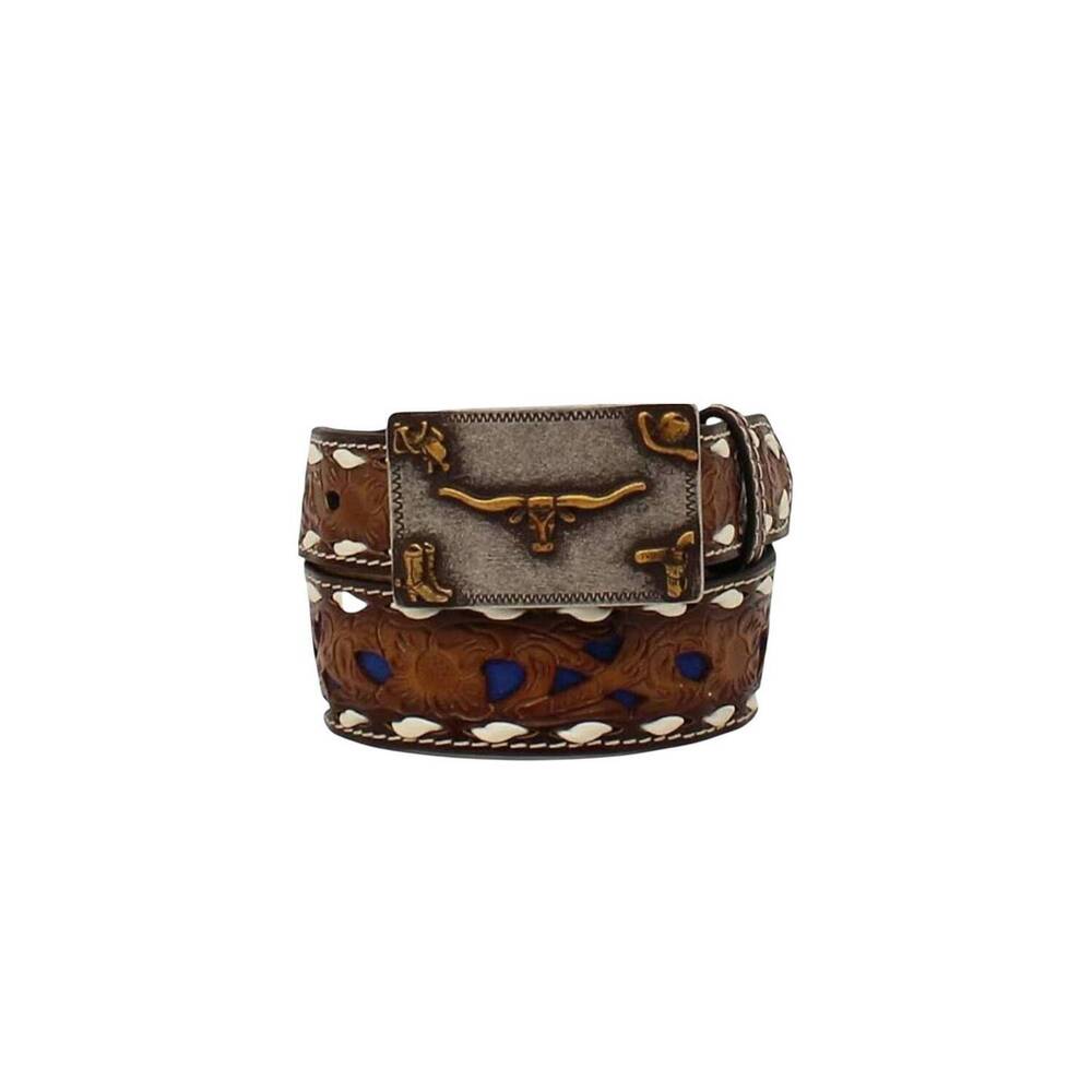 NEW 3D BELT COMPANY kids pierced overlay belt with buck lacing in brown/blue
